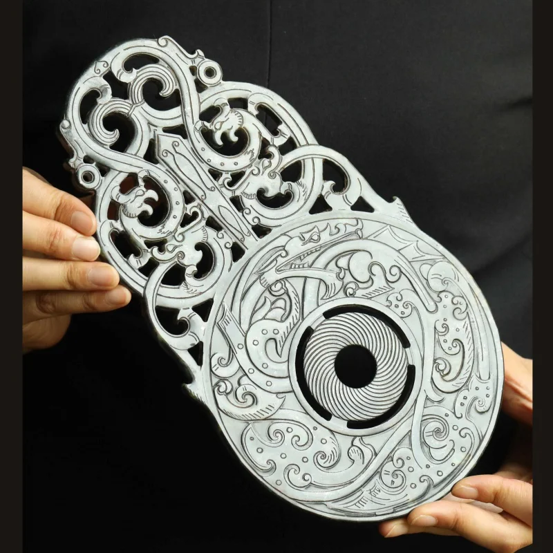

Old natural hetian jade hand-carved hollowed out statue dragon plate Bi a1