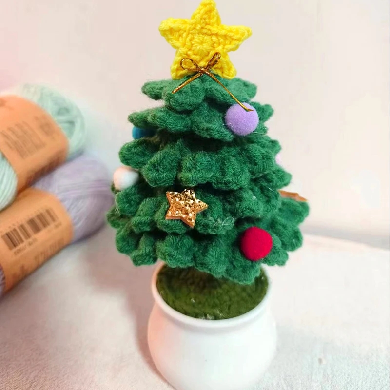 Crochet Christmas Tree Potted Plant Finished Hand Woven Desktop Ornaments 6