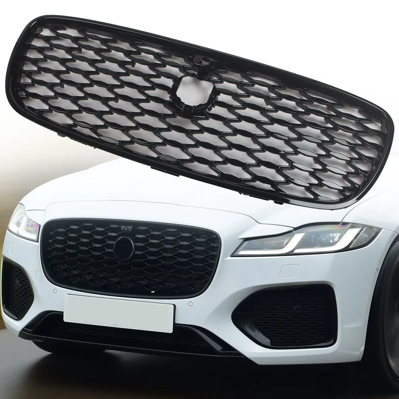 

Для 2021-2022 Jaguar XF сетчатый передний бампер верхняя решетка с камерой глянцевый черный