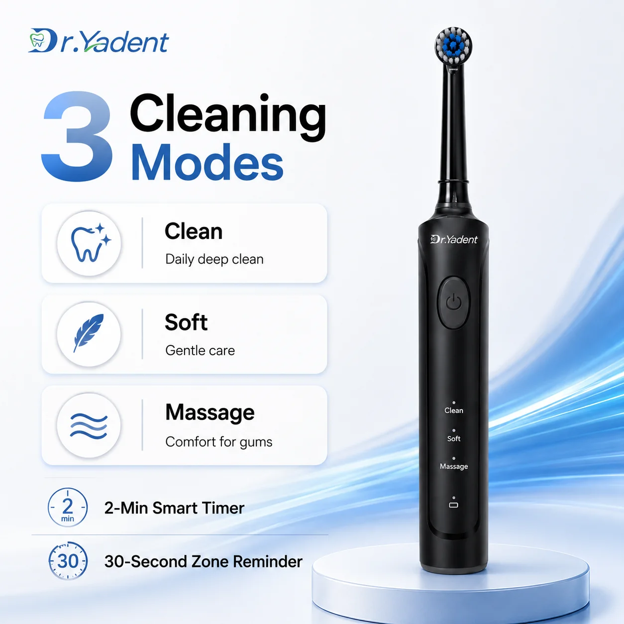 Dr.Yadent Rotating Electric Toothbrush IPX7 Waterproof 3 Modes 4 Toothbrush Head Rechargeable Battery for Adult Deeper Cleaning 3