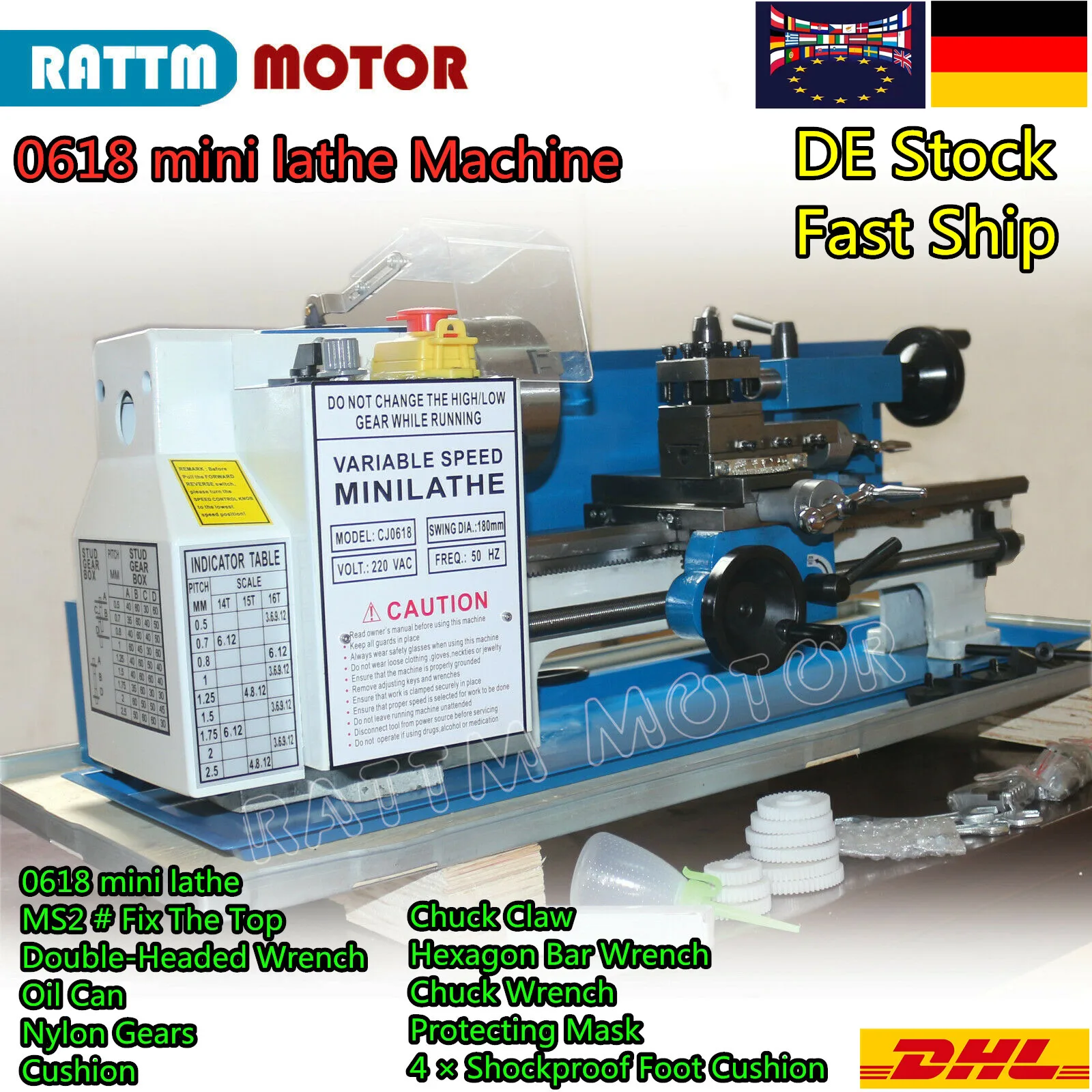 【EU Stock】550W Metal Lathe 7x14Inches Precision Tool Mini lathe