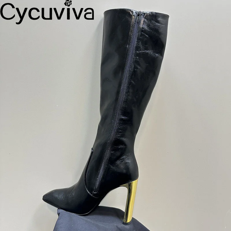 

Black Real Leather Knee High Boots for Women Metal High Heels 10 CM Winter Knight Boots 2024 Designer Shoes Party Long Boots