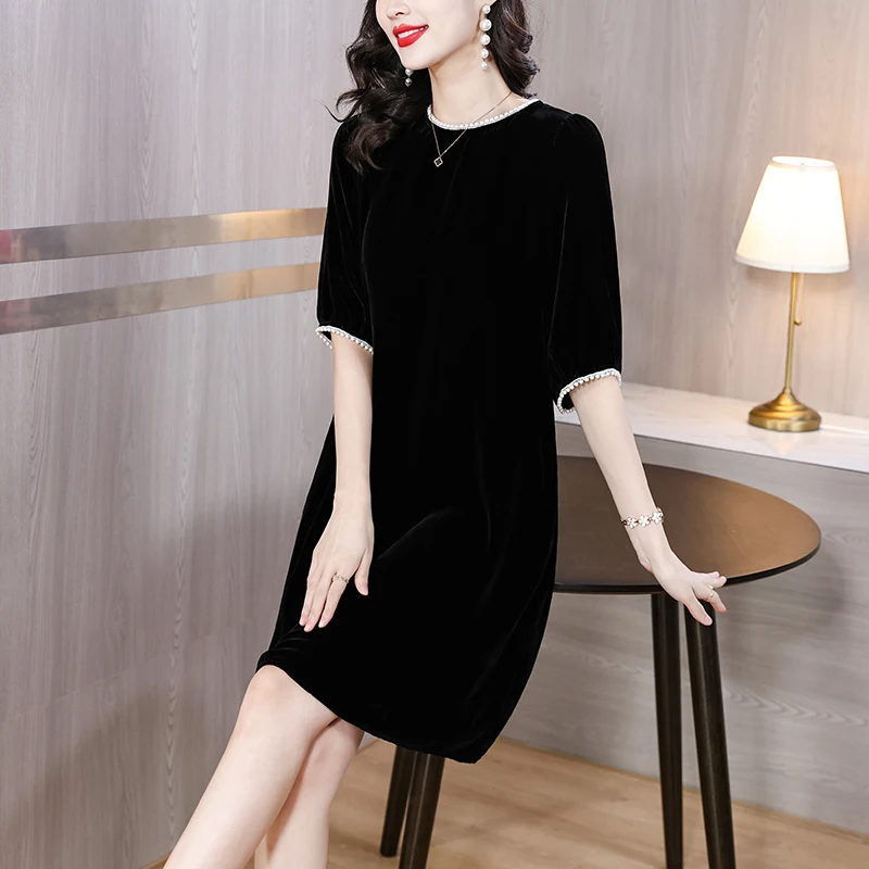 

2023 New Fashion Black Silk Velvet Dress Women's Autumn Versatile Round Neck 5/4 Sleeve Loose Fit Casual Holiday Dress Vesidos