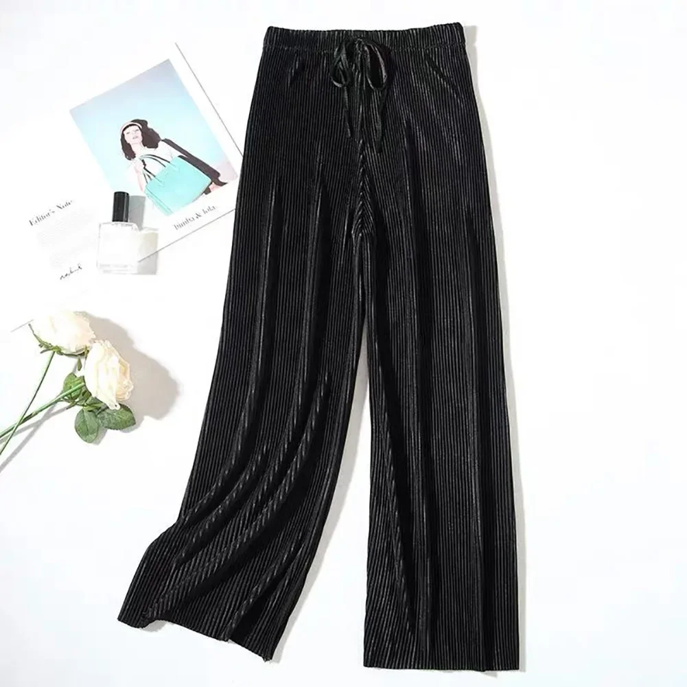 Women's Pleated Loose Ice Silk Korean Casual Cropped Pants Wide Leg Trouse Home Classic Sports Wear