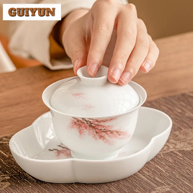 110ml Boutique Hand Drawn Cherry Blossom Gaiwan Ancient Tea Tureen Tea Bowl with Lid Kit Brewing Cover Bowl Cafes Ornaments