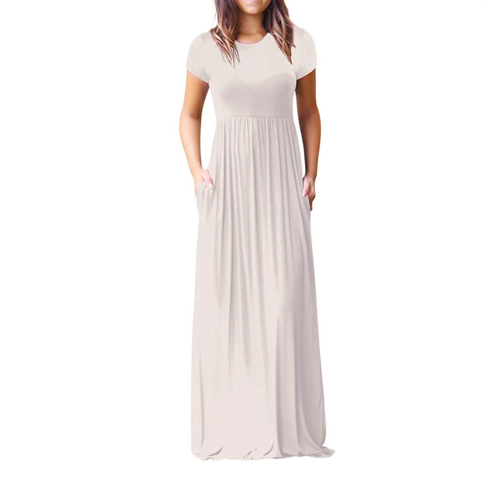 

2024 Women's Short Sleeve Loose Plain Maxi Dresses Casual Long Dresses with Pockets