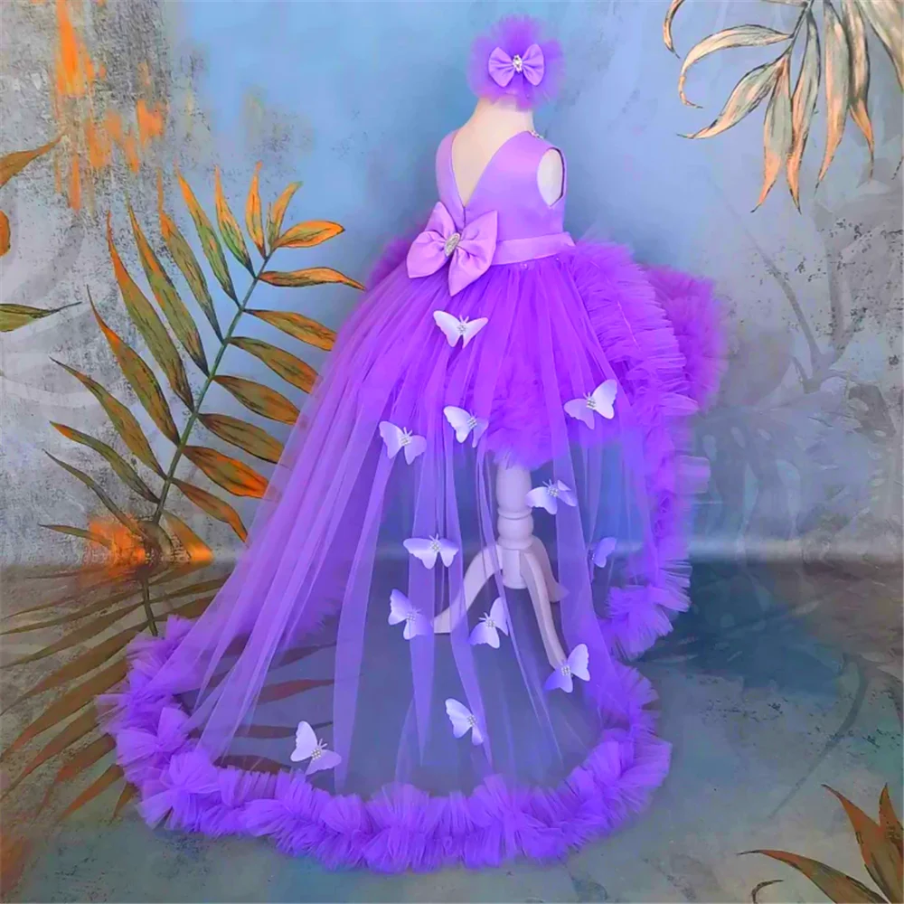 

First Communion Gowns Purple Angel Flower Girl Dresses Tulle Butterfly Bow And Tailing Sleeveless For Wedding Birthday Party