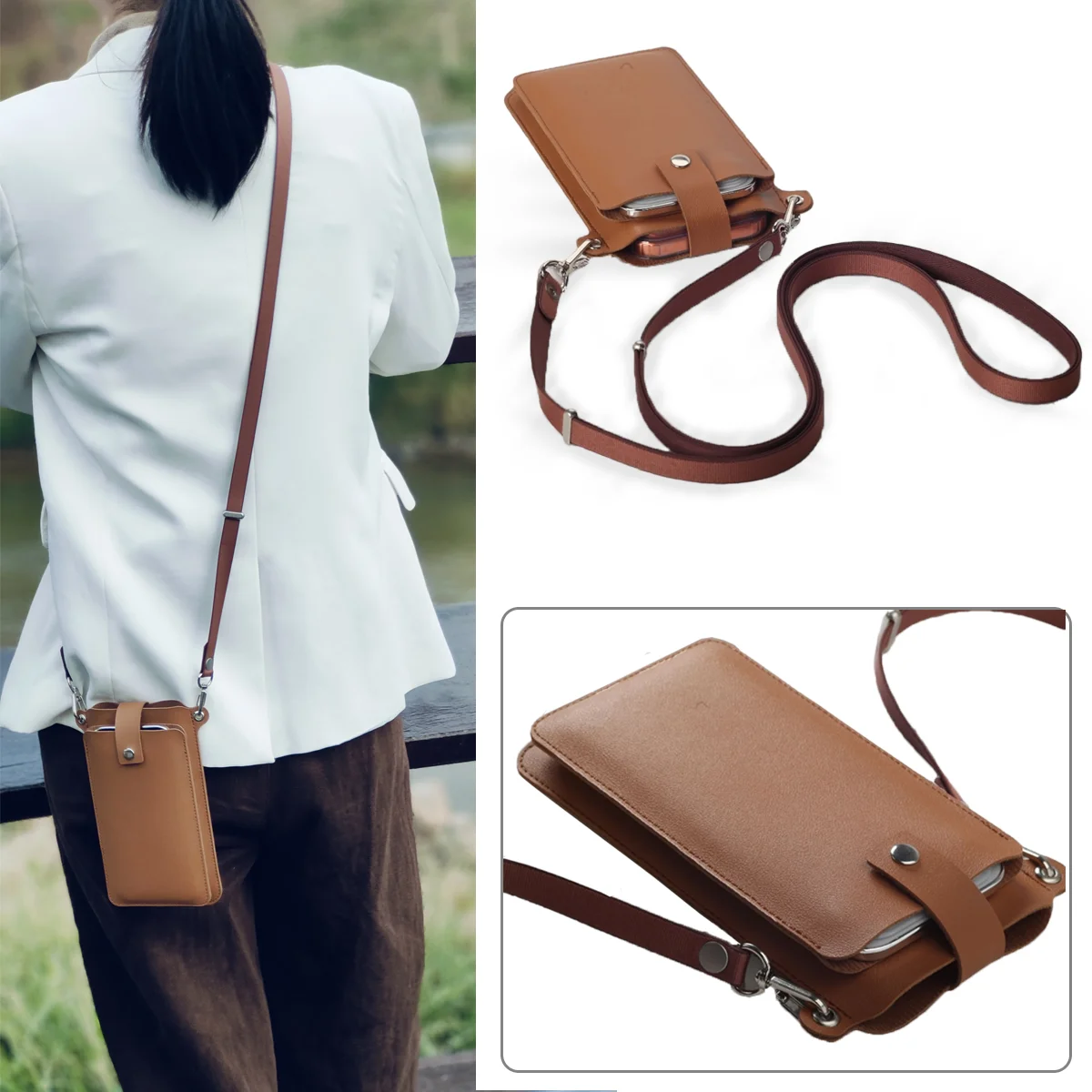 Elegant Leather Crossbody Phone Bag with Adjustable Strap - Anti-Lost & Anti-Scratch Design