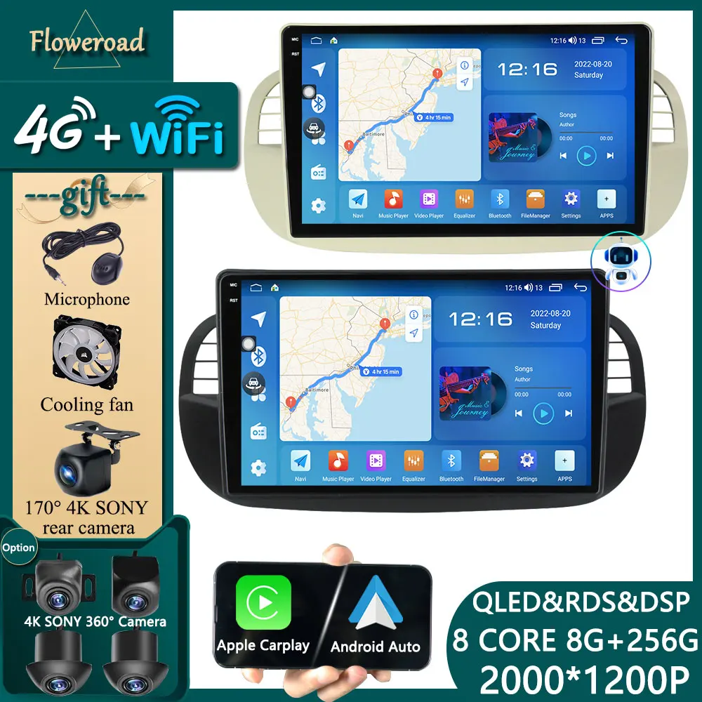 Unità Principale Carplay 4G Per Fiat 500 Bianco 2007-2016 Autoradio Autoradio Lettore Multimediale Android 12 Navigazione Gps Monitor Stereo