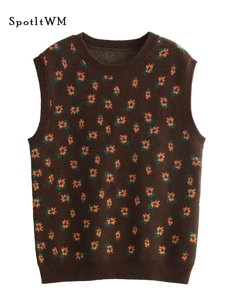 

Женский вязаный свитер с принтом, жилет, модный Свободный пуловер без рукавов с круглым вырезом, повседневная женская верхняя одежда 2023