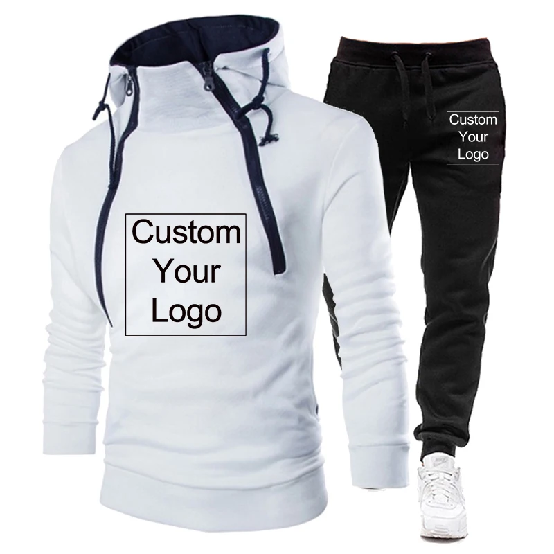 Spring Autumn Custom Logo New Fashion Placket Double Zipper Cardigan Contrast Hooded Coat Suit 2 Pcs Tracksuit
