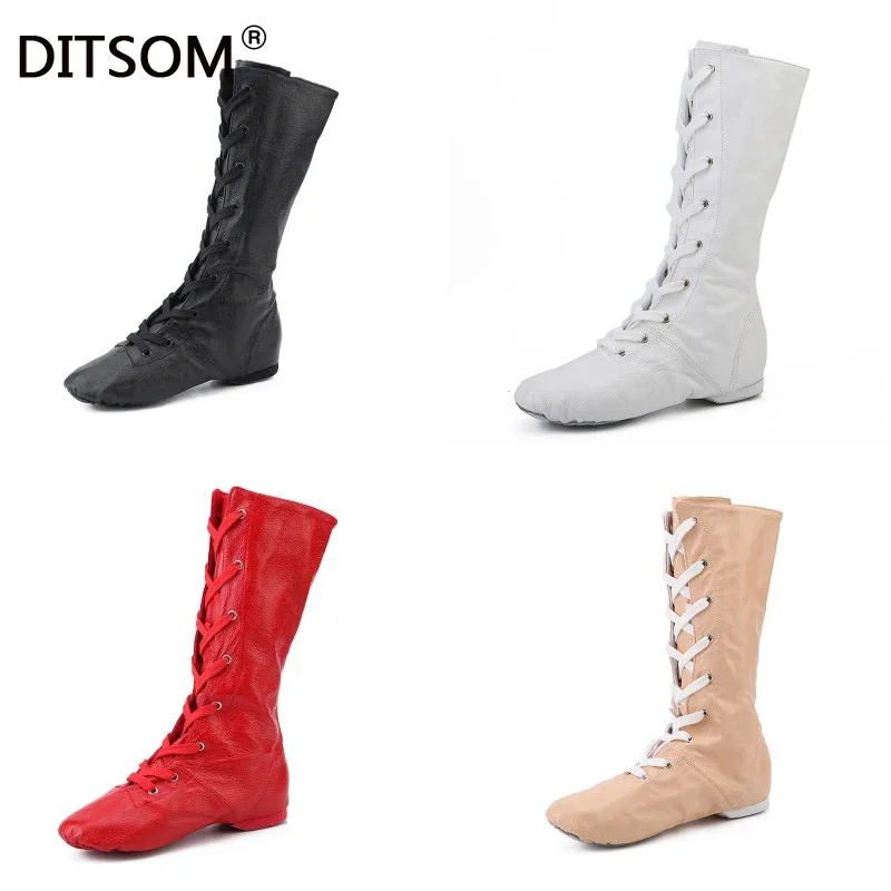 New Genuine Leather Sports Dance Feature High Boots for Women Jazz Dance Shoes Stage Performance Shoes Plus Size 28-45