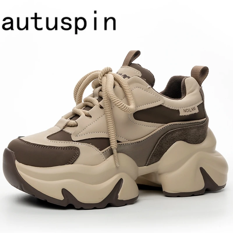 

AUTUSPIN Winter Warm Ladies Shoes Retro Splicing Genuine Leather Street Style Women Luxury Sports Sneakers Thick Platform Shoe