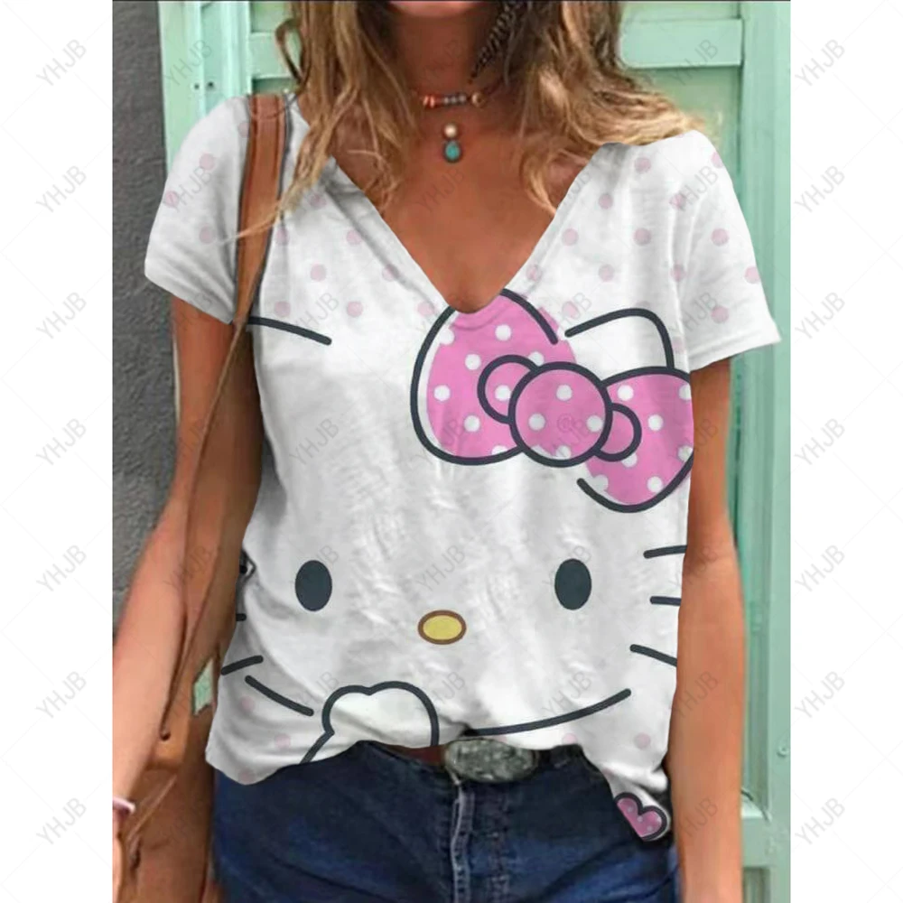 

Fashion Women's T-shirt Hello Kitty V-neck Printed Women's Clothing Street Clothing Girls Fun T-shirt New Harajuku Top T-shirt