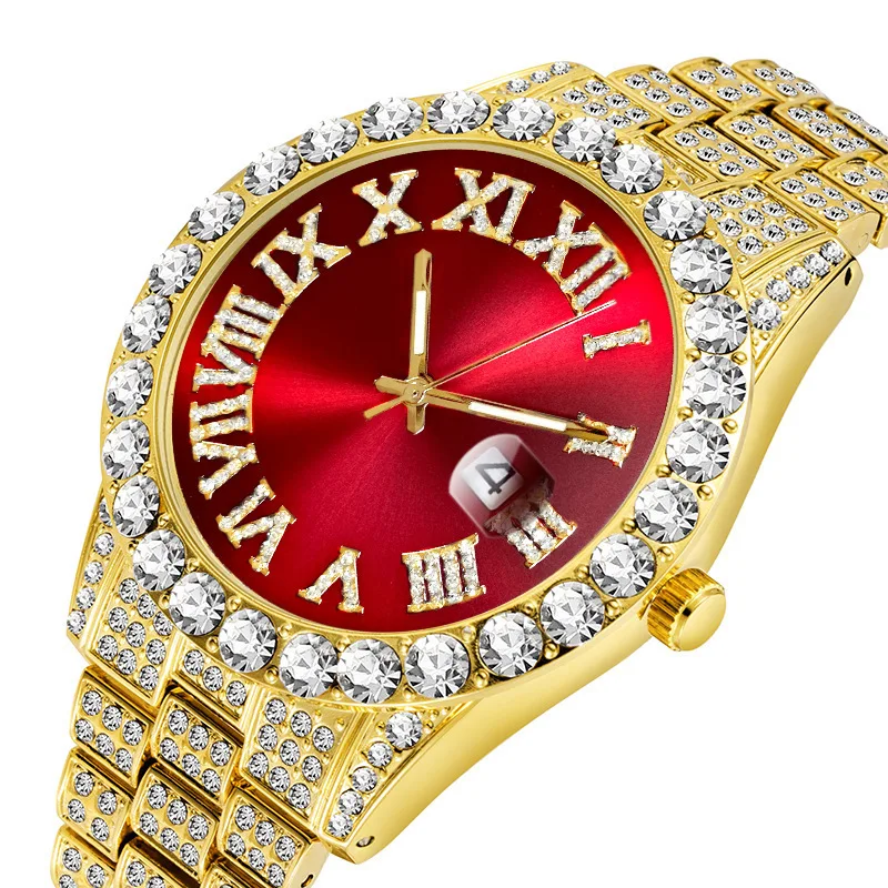 Diamond Watch for Men Luxury Full Iced Out Watch Men Green Ghost Red Dial Hip Hop Quartz Clock Wristwatch Gift Relogio Masculino humpbuck trendy round dial quartz wristwatch elevate your style game