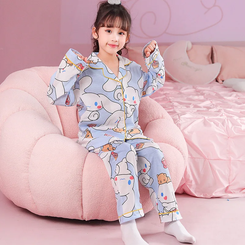 

Пижама Sanrio с героями мультфильмов, Kuromi, милые пижамы в стиле аниме Cinnamoroll для детей, домашняя одежда для девочек на весну и осень, детская оде...