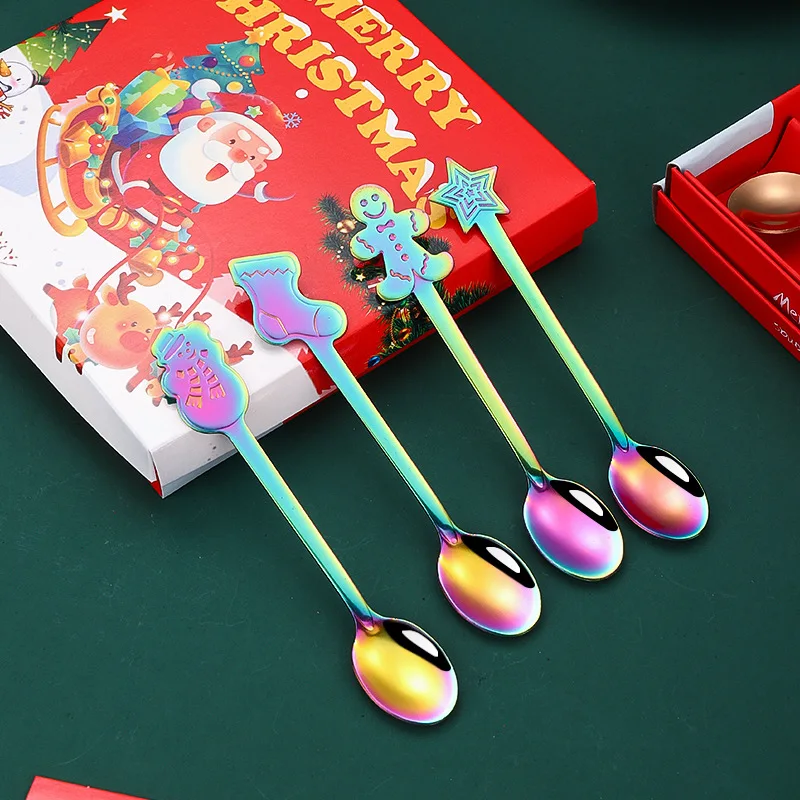 

4pcs New Year 2024 Christmas Rainbow Gingerbread Man Spoon Christmas Decoration for Home Tableware Noel Navidad 2023 Gifts