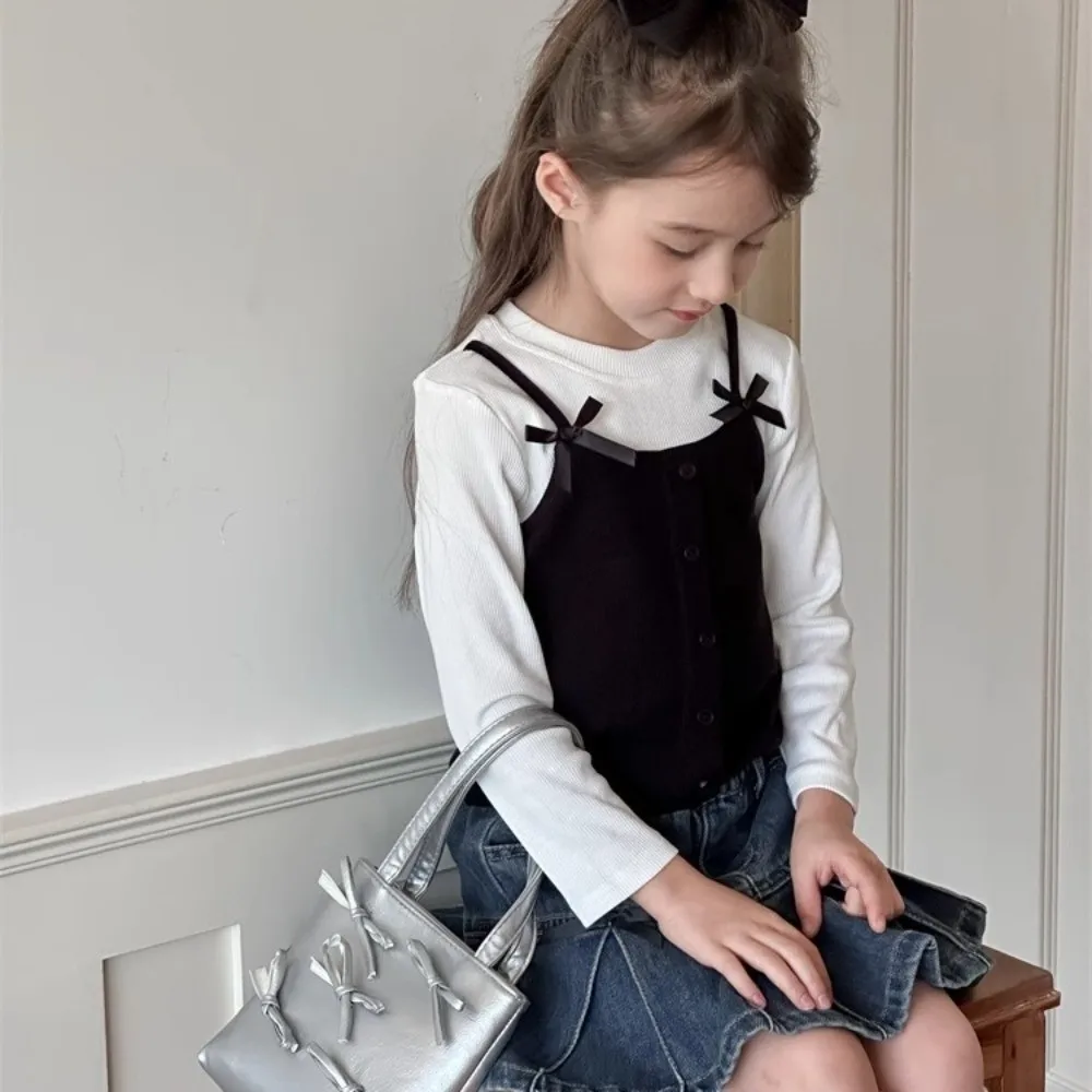 Nette Koreanische Stil Falsche Zwei-stück Top Prinzessin Elegante Langarm T-shirt Bogen Basis Shirt Mädchen Tragen – Detail 6