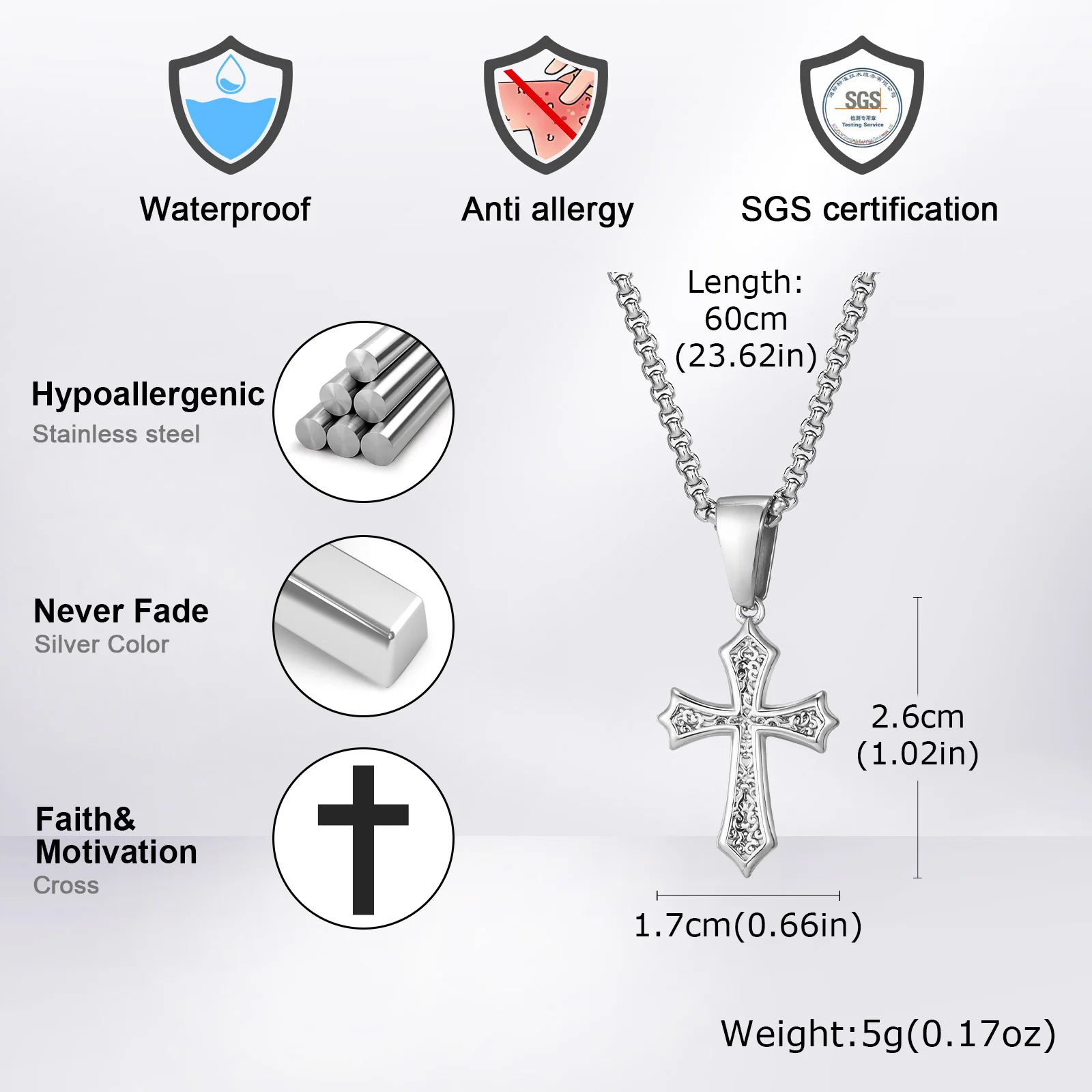 Hip Hop Cross Necklace For Men Women,50/55/60cm Stainless Steel Chic Cross Pendant,Christian Classic Jewelry Gifts_voghion.com