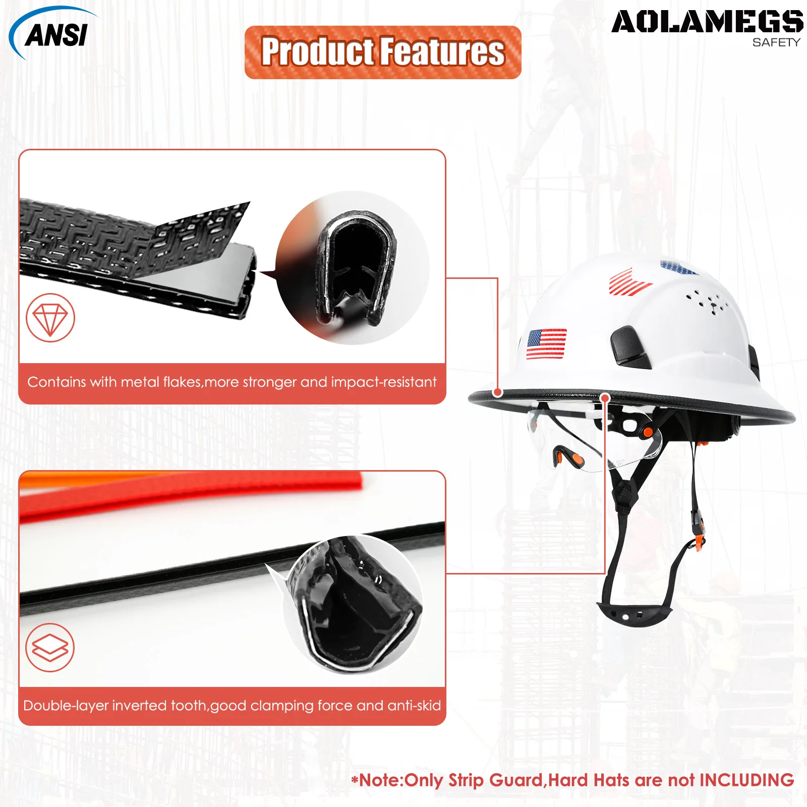 Aolamegs Anti-collision Strips Full Brim Hard Hat Guard Strengthen Helmet Protection Helmet Accessories 36.6in Length Croppable safety helmet
