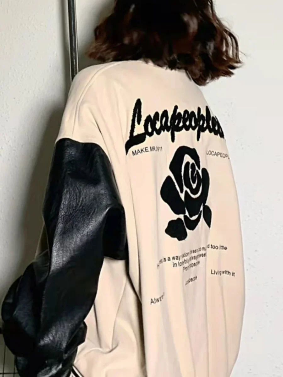Spring Autumn Jacket American Retro Rose Baseball Uniform Women Hip Hop Coats Tops Loose Harajuku Fashion Oversize