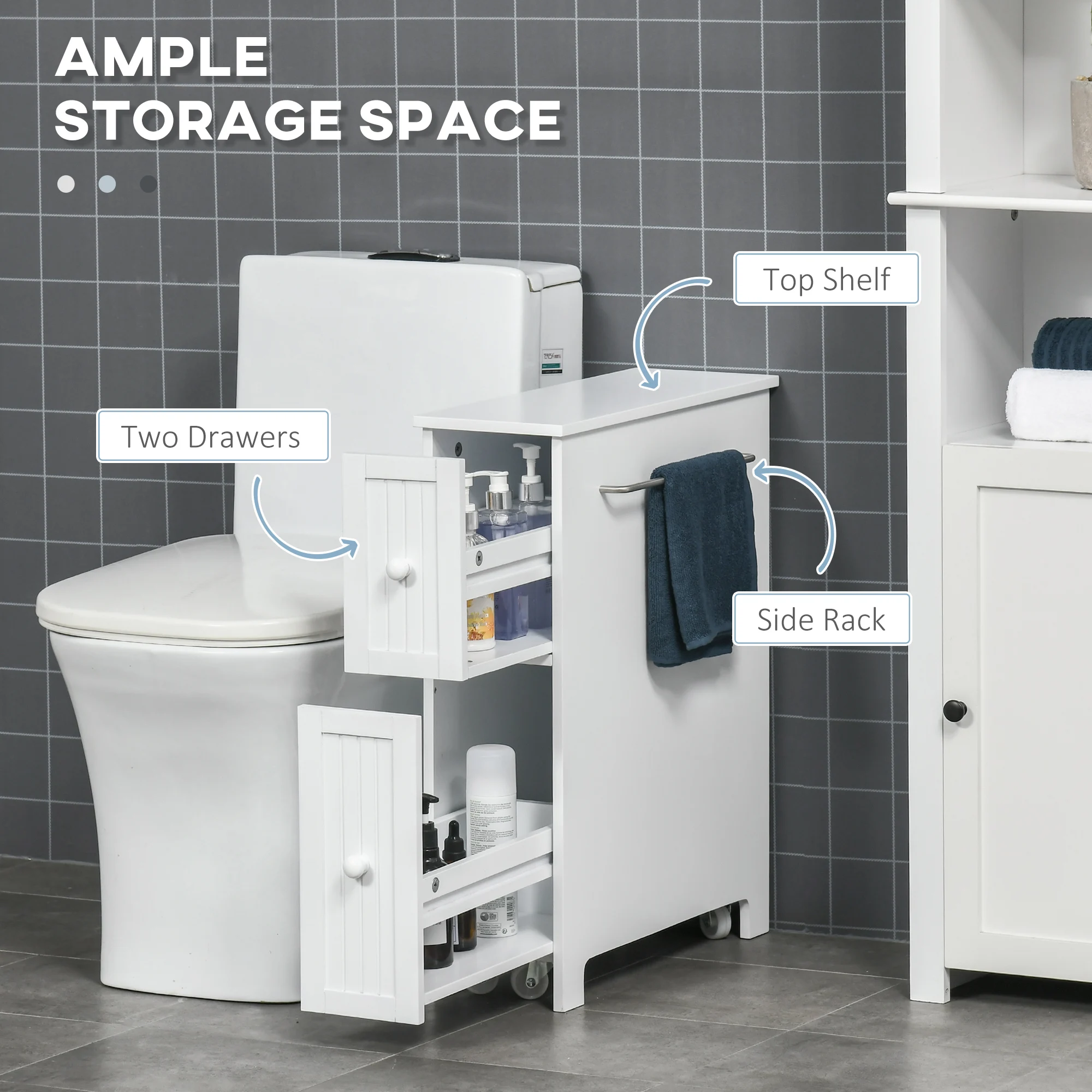 Kleankin Narrow Bathroom Cabinet on Wheels, Freestanding Toilet Paper Holder with 2 Drawers, Towel Rack, White 4