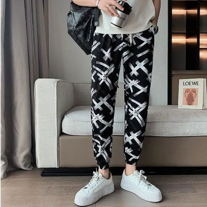 2024 New Summer Casual Loose Plus Oversize Fashion Trend High Waisted Printed Ice Silk Quick Drying Hooded Harlan Pants for Men