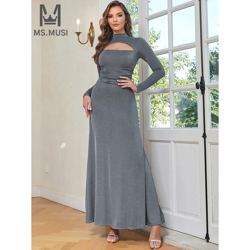 

Новинка 2024, модное женское сексуальное платье MSMUSI с вырезами и драпировкой, с длинным рукавом, облегающее платье-макси, длинное платье, платья