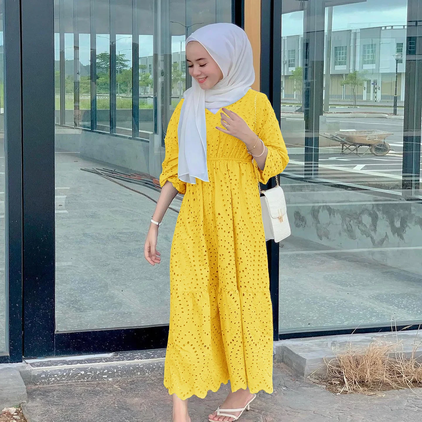 Women Muslim Out Lace Dress Soft Elegant Solid Long  Loose Waist  Casual Elegant Party Dress Hijabs for Girls Muslim