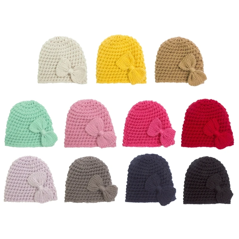 

2023 Autumn and Winter Warm Beanies Cap Solid Color Knitted Hat Baby Breathable Pullover Cap Baby Bonnet with Bowknot