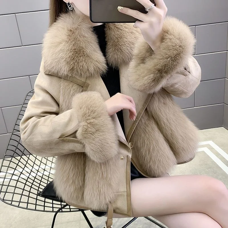 2023 New Women Fake Fur Coat Winter Suede Nap Overcoat Fashionable Warm Jacket Short with Fur Collar Outerwear Casaco Feminino