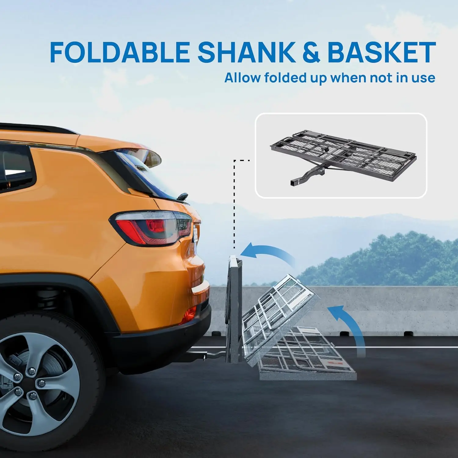 60"x24"x14"Folding Hitch Mount Cargo Carrier Basket,Upgraded 14"Height500lbs Steel Car Hitch Luggage Rack with Straps&Stabilizer