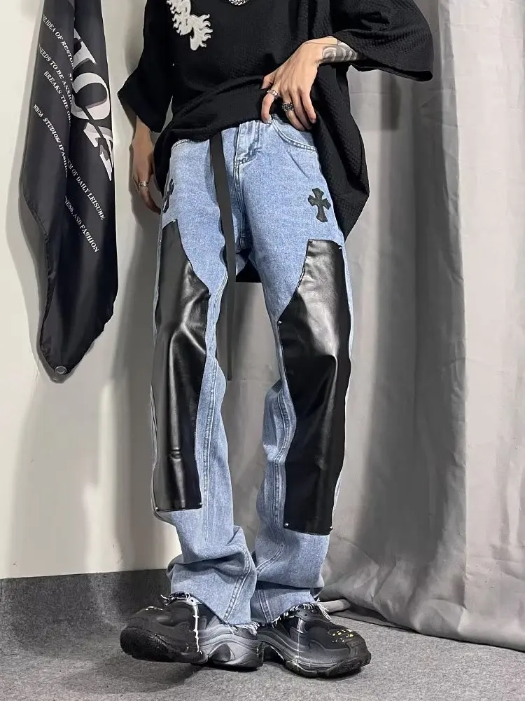 High Street Color Block Spliced Washed Jeans Mens Oversize Wide Leg Straight Denim Flare Pants Retro Loose Casual Trousers