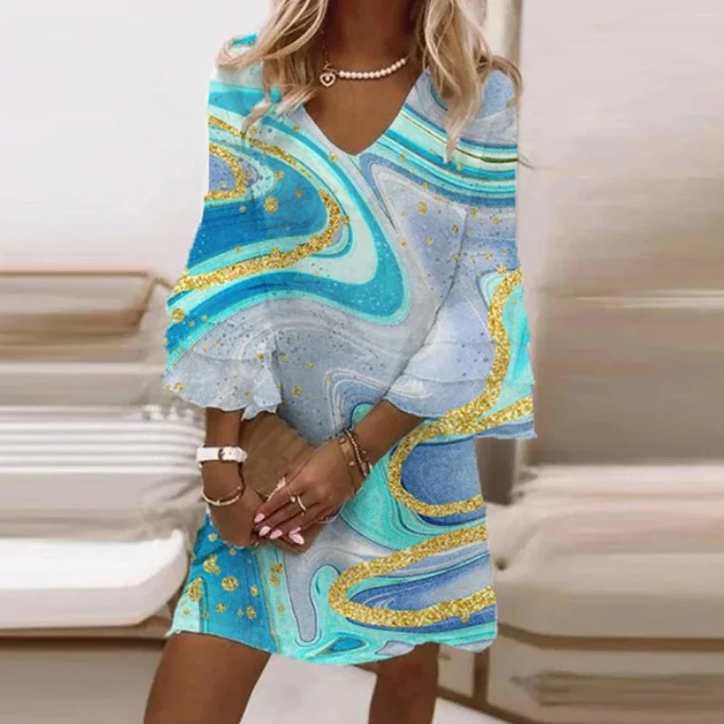 BLVB Women's 2025 Summer Dress Cute V-Neck 3/4 Bell Sleeve Casual Flowy Tiered Dress Loose Plain Mini Dress