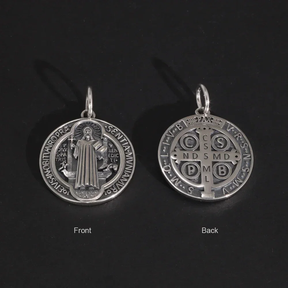 Vintage 925 Sterling Silver Saint Benedict Medallion Cross Pendant Necklace Catholic Exorcism Amulet Men and Women pendant necklace silver necklace silver pendant silver necklace charms