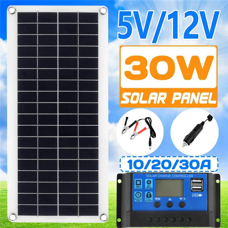 

Solar Panel5V/12V 30W Flexible Panel 10A-60A Controller Car Charger For RV Boat LCD Display PWM Charge
