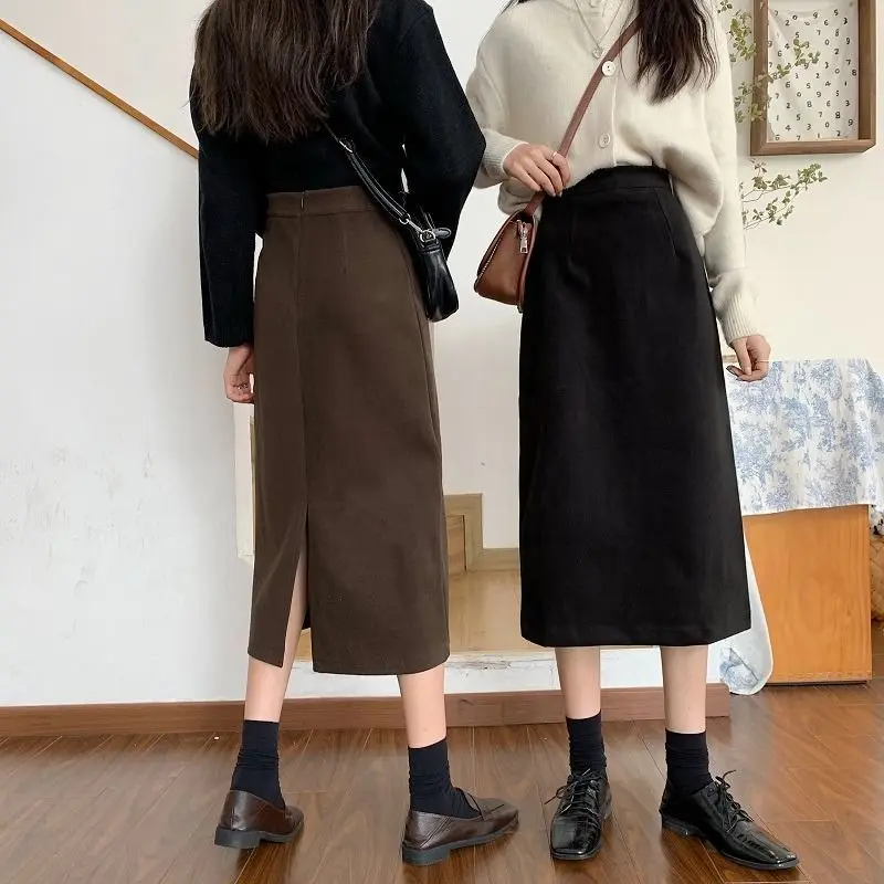 

Autumn Winter Woolen Black Mid Length Skirt With a Slit Women 2023 High Waist Women's Skirts Fashion Korean Clothing Korea Maxi