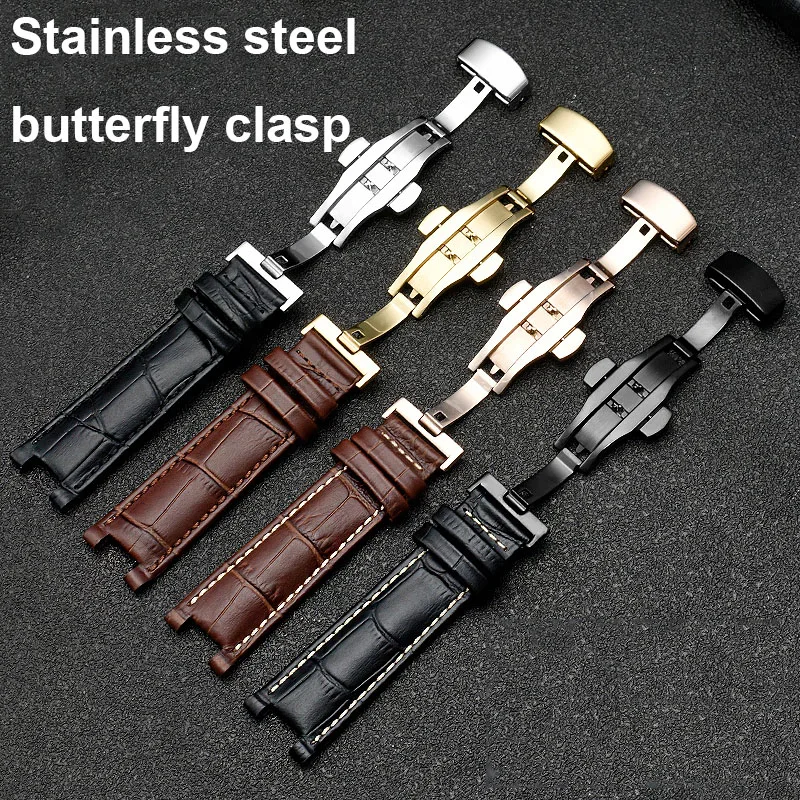 DIY Genuine Leather Watchband  For GC Wristband 20x11mm 22x13mm Notched Strap Withstainless Steel Butterfly Clasp Black Brown