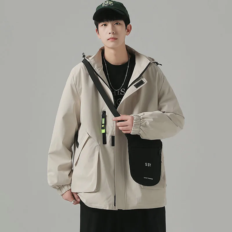 

Men's Outdoor Jacket Autumn Coat Multi-bag Tooling Waterproof Hooded Casual Youth Korean Version Patch With Zipper Streetwear