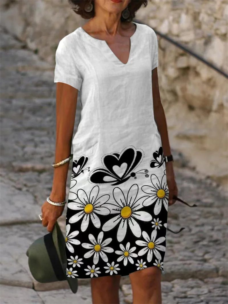

Elegant Botanical Flower Dress Women's V Neck Pullover Short Sleeve Cotton Linen Dressy Female Comfortable Commuter Casual Gown