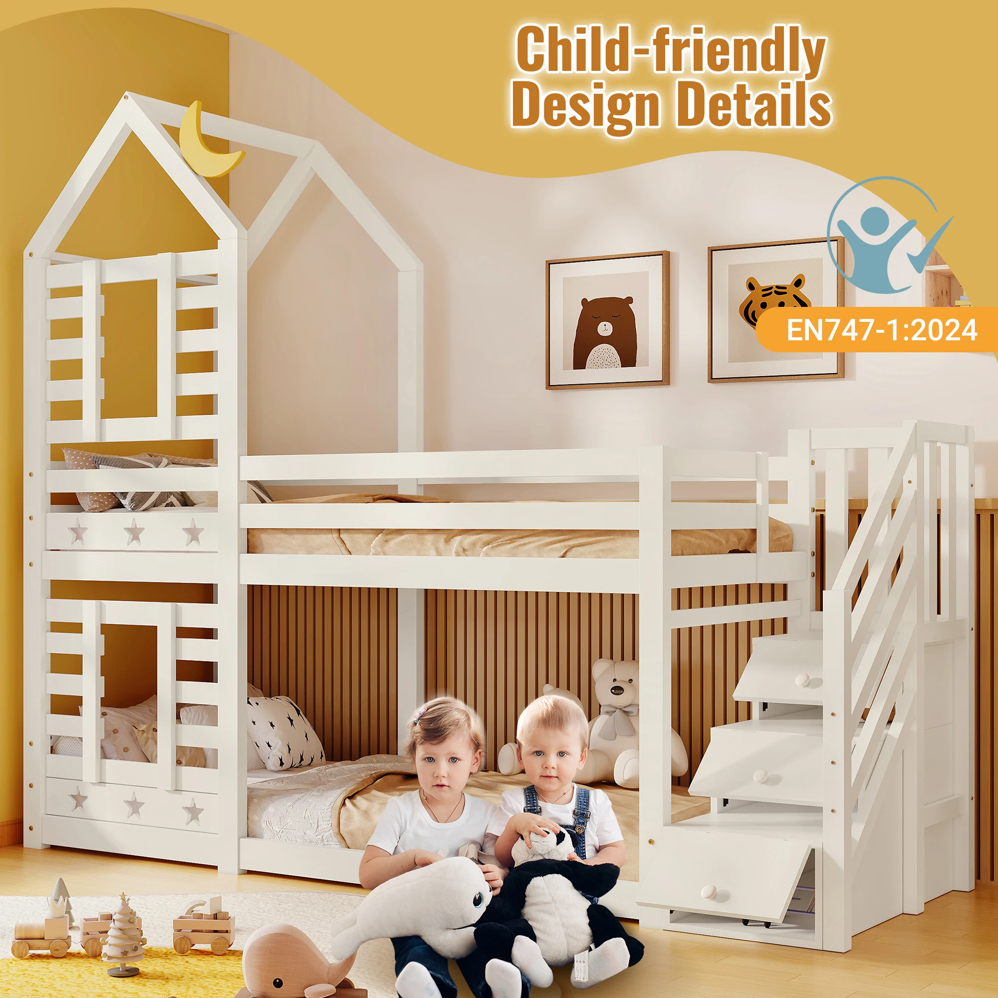 Kinderbett, Etagenbett Baumhaus mit Schubladen und Absturzsicherung 90 x 200 cm, Hochbett für Kinder – 2x Lattenrost – weiß – Detail 22