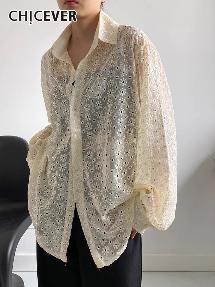 

CHICEVER Hollow Out Shirts For Women Lapel Long Sleeve Single Breasted Loose Folds Hit Color Casual Spring Blouse Female 2023