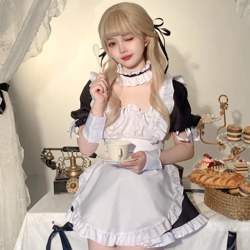 Anime Cartoon Maid Role Play Black Classical Halloween Costumes for Women Soft Girl Apron Maid Outfit Lolita Anime Cosplay