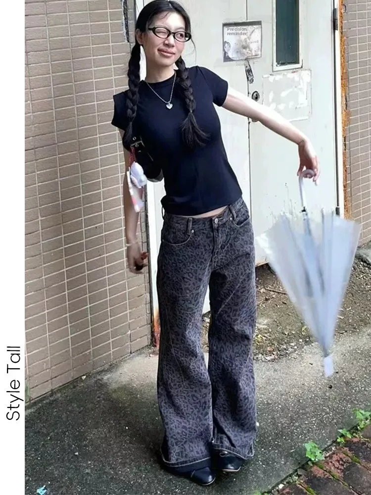 American Sle Leopard Print Straight Leg Jeans Low Waist Extended Length Women's Autumn Slimming Wide Leg Floor-Length Pants