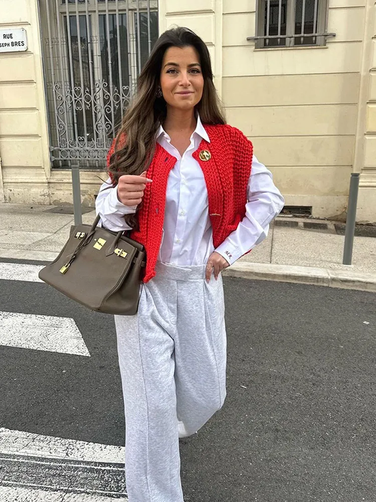 용수철 여성용 레드 니트 가디건, 민소매 O-넥 캐주얼 여성 스웨터, 루즈 포켓 싱글 브레스트 레이디 탑, 2024 패션