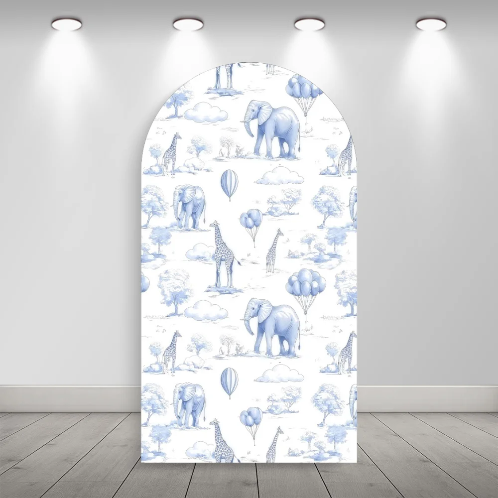 Blue Safari Floral Arch Backdrop Elephant Giraffe Pattern Decor Happy Birthday For Kids Party Photo Booth Background Decoration 2