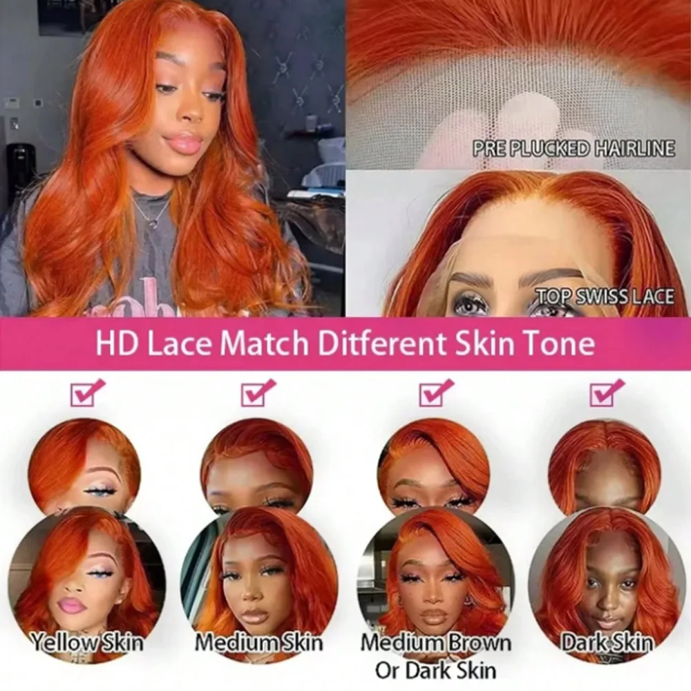30 Inch Ginger Wig Human Hair Body Wave Ginger Orange 13X4 Lace Front Wigs Human Hair Pre Plucked 250% Density for Black Women