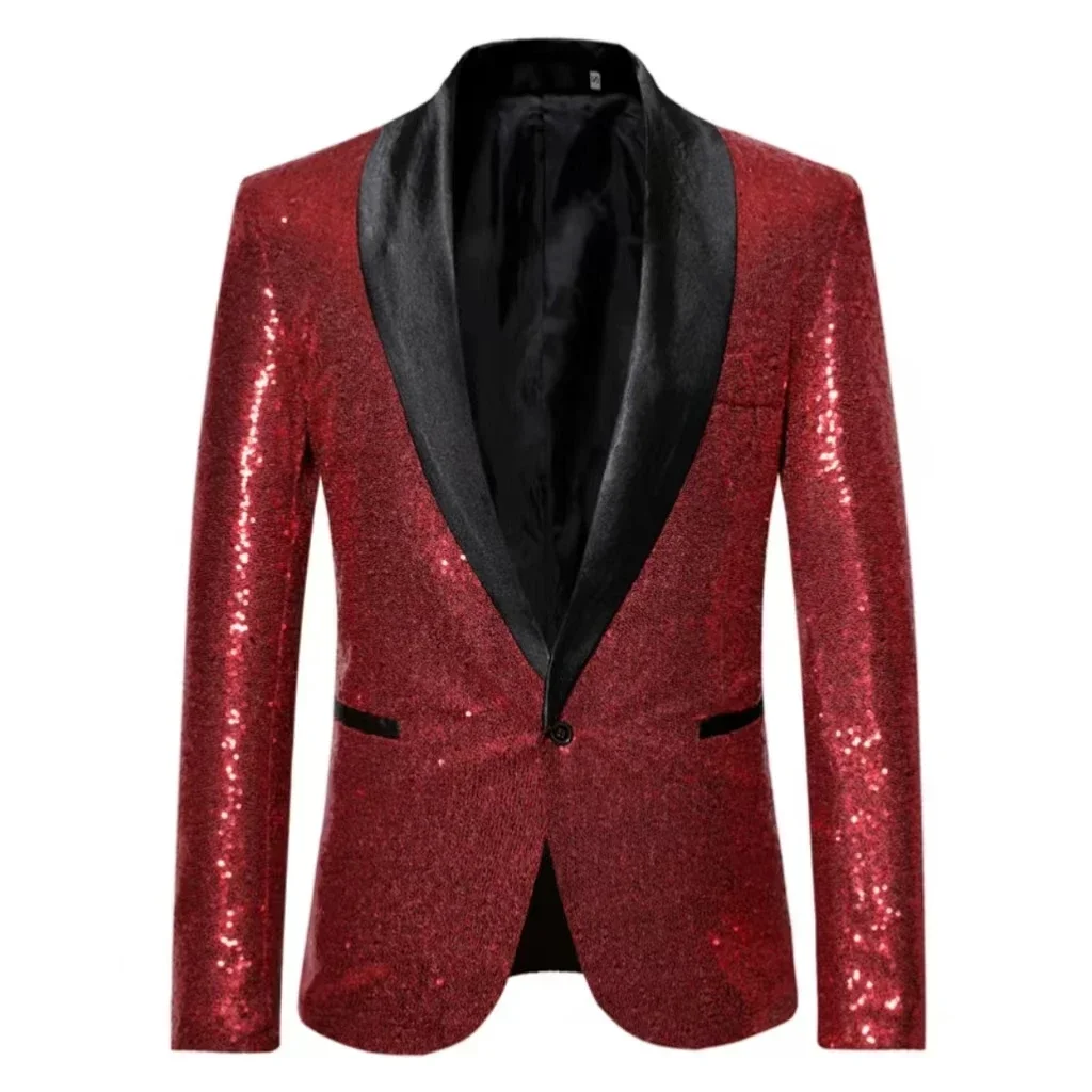 thumbnail image 1 of Traje de hombre con lentejuelas, chaqueta individual, solapa de pico, traje ajustado, esmoquin de fiesta, trajes de hombre para fiesta, vestido de noche, traje de actuación en el escenario, 1 of 4