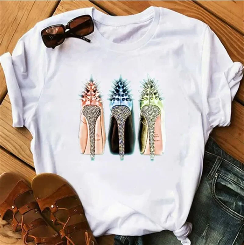 

Women's High Heels Pattern Top Summer Fashion Short-sleeve Round Neck T-shirt