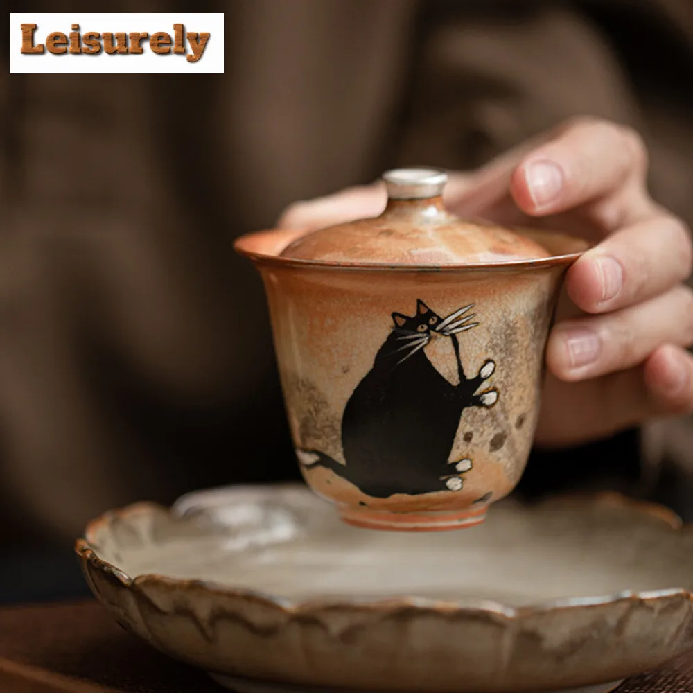 100ml Hand-painted Silver Kiln Change Gaiwan Wood-fired Porcelain Zhiye Cat Tea Tureen Tea Making Cover Bowl Drinkware Gift